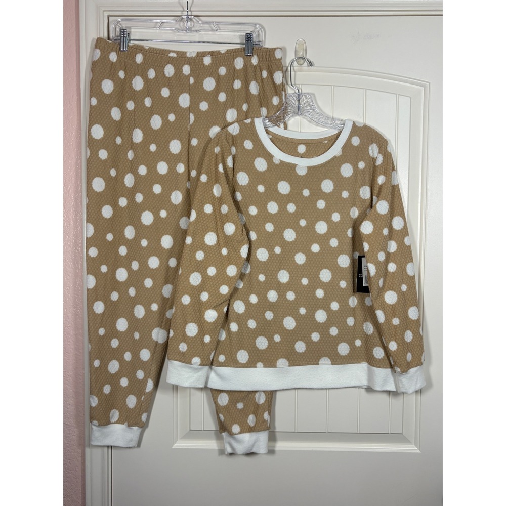 Cuddl Duds Polka Dot Pajama Set Tan White Soft Knit Joggers Cozy Loungewear